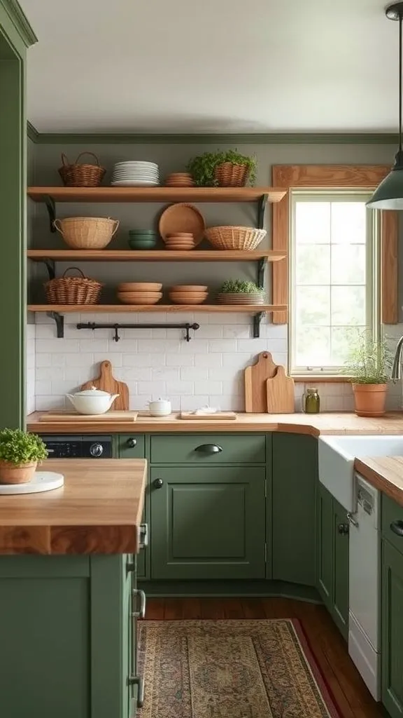 Earthy Moss Green With Natural Wood Elements
