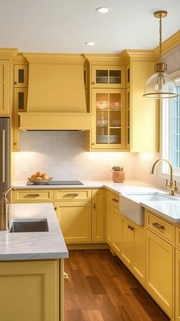 Elegant Yellow Kitchen Elevated With Luxurious Gold Hardware

