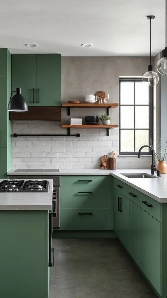 Flat Green Cabinets With Industrial Concrete Details
