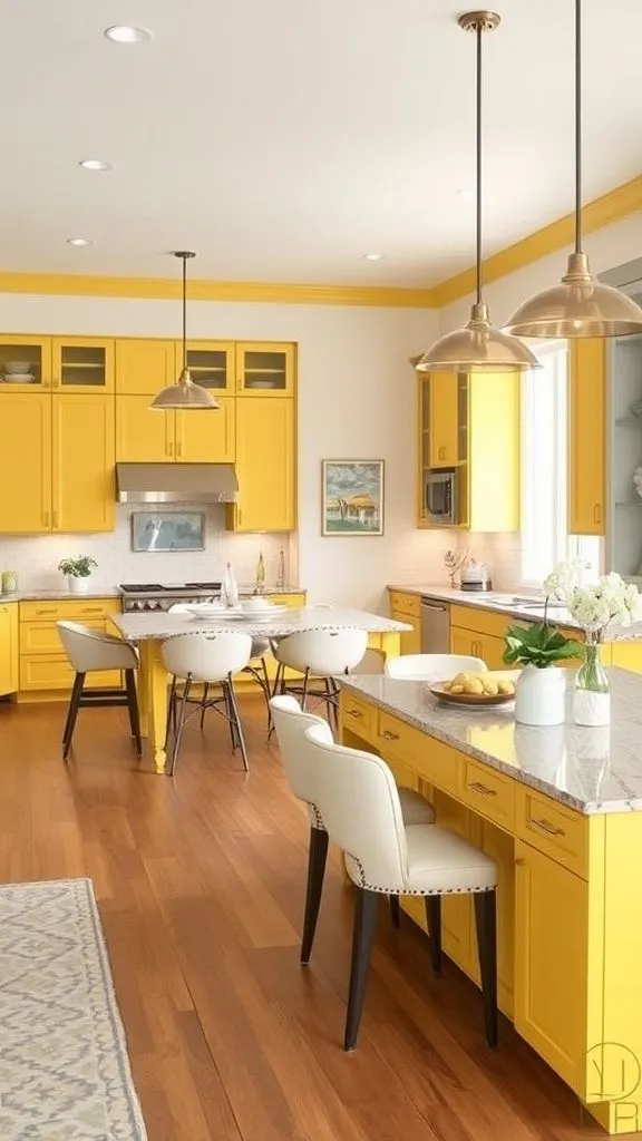 Flowing Open-Concept Yellow Kitchen Connected To Dining Space
