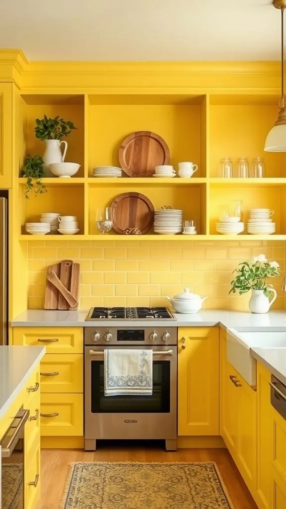 Fully Committed All-Yellow Kitchen Featuring Open Shelving Design
