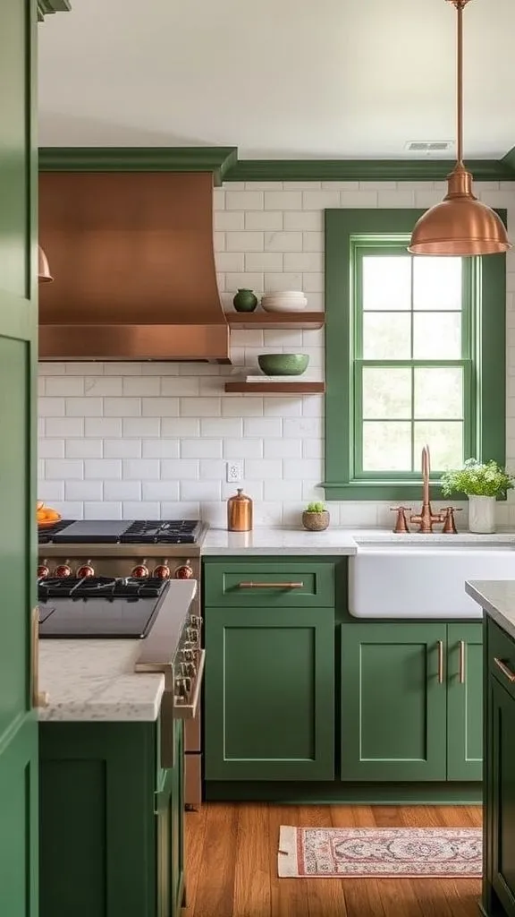 Green Cabinetry With Warm Copper Fixtures
