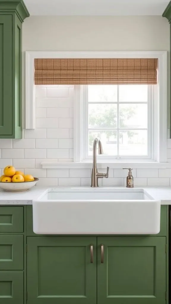 Green Cabinets Paired With Classic White Apron Sink
