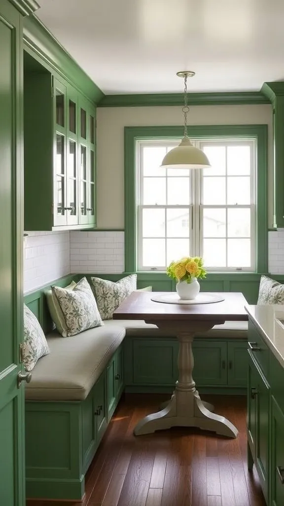 Green Kitchen Featuring Cozy Built-In Breakfast Nook
