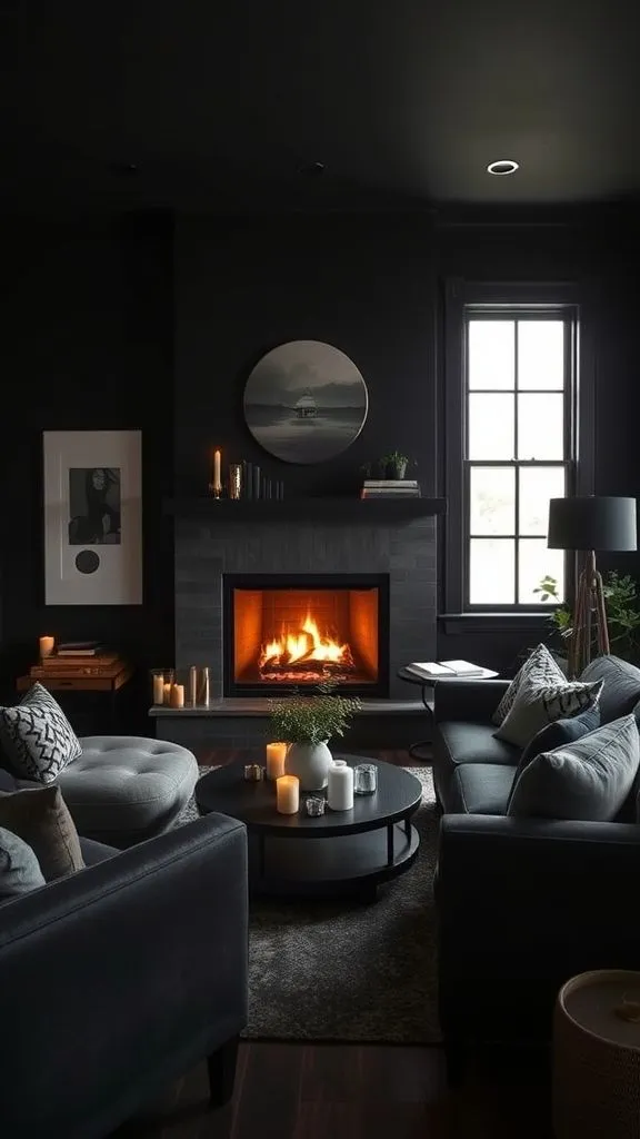 Intimate Black Space With Hearth Feature
