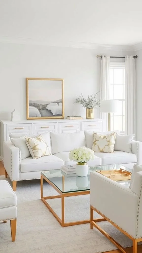 Luxe White Living Room With Metallic Gold Details
