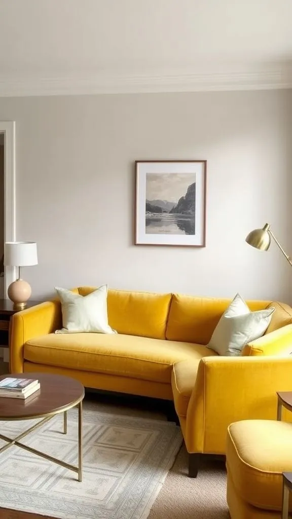 Luxury Yellow Velvet Sofa In a Compact Living Room
