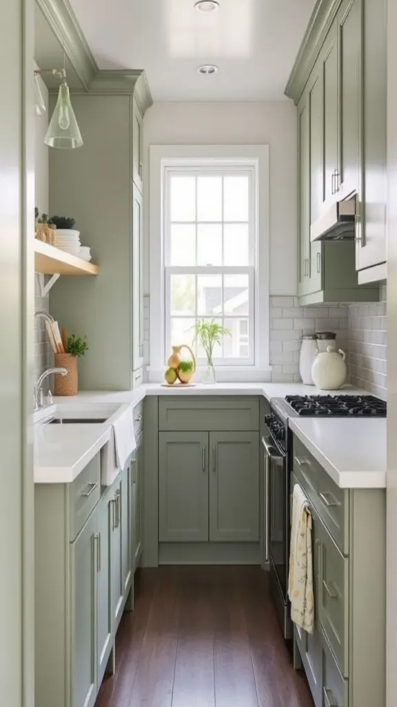 Narrow Sage Green Galley With Smart Layout
