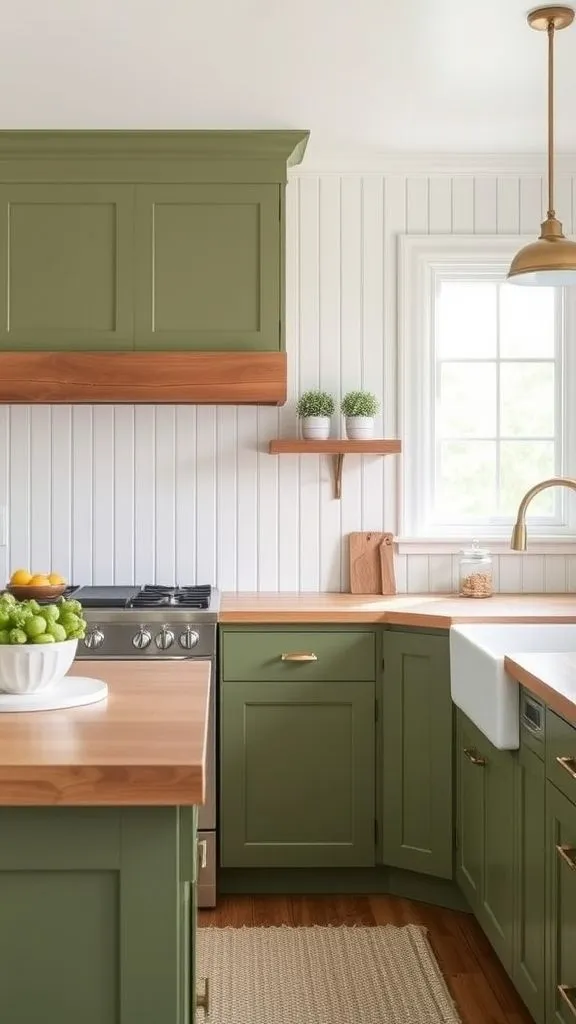 Olive Cabinets With White Vertical Board Walls
