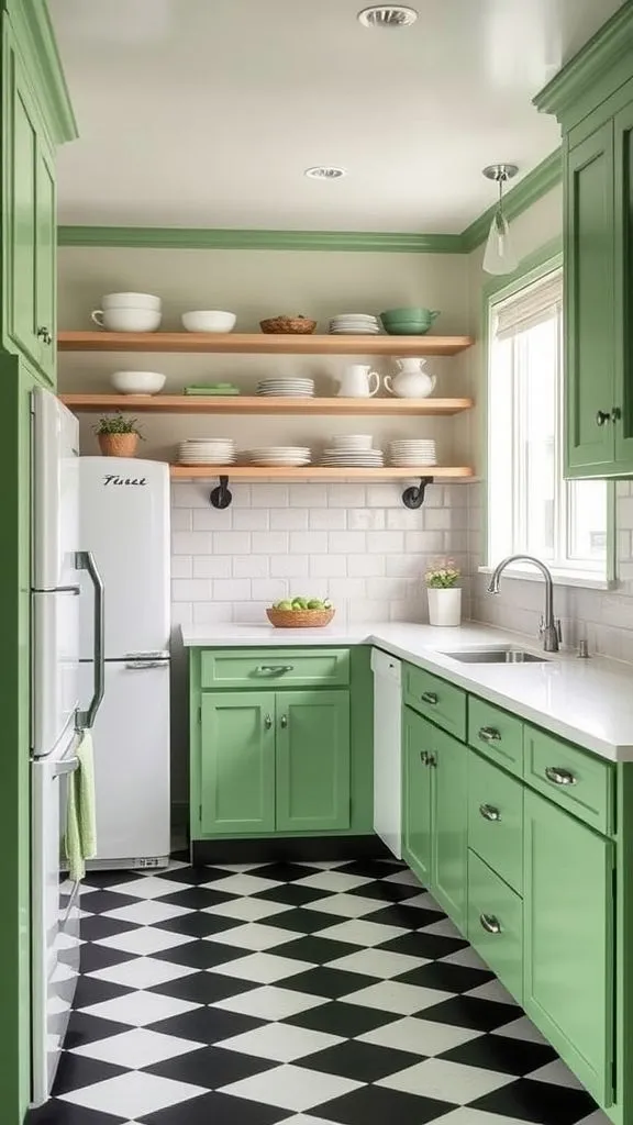Retro-Inspired Green With Classic Checkerboard Flooring
