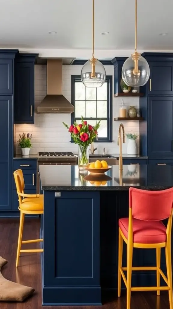 Rich Navy Cabinetry With Colorful Accent Seating
