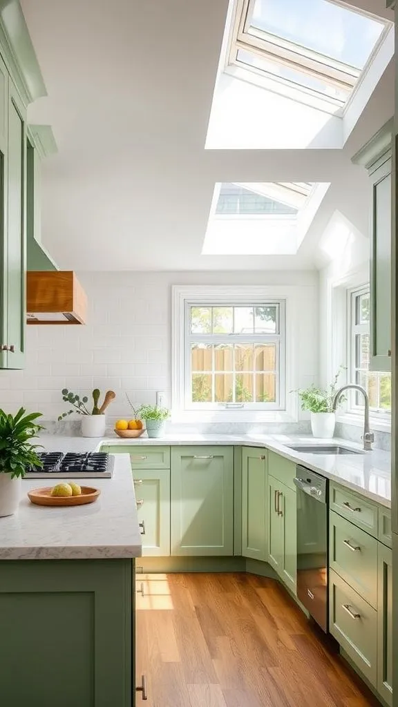 Sage Cabinets Under Natural Overhead Window
