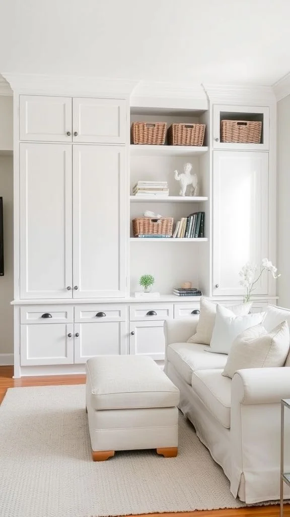 Smart Storage Solutions in White Living Rooms
