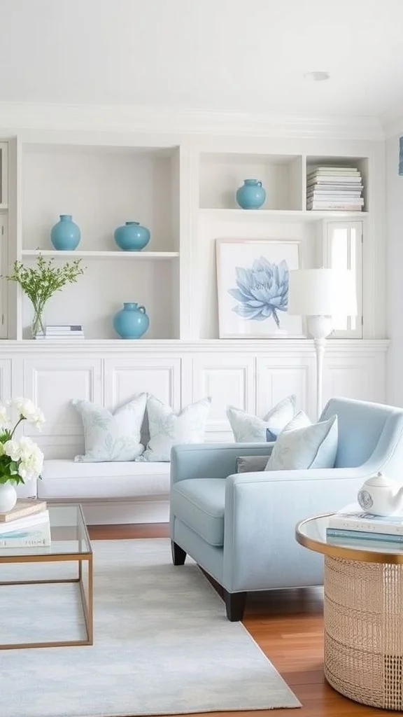 Soft Blue Touches in White Living Spaces
