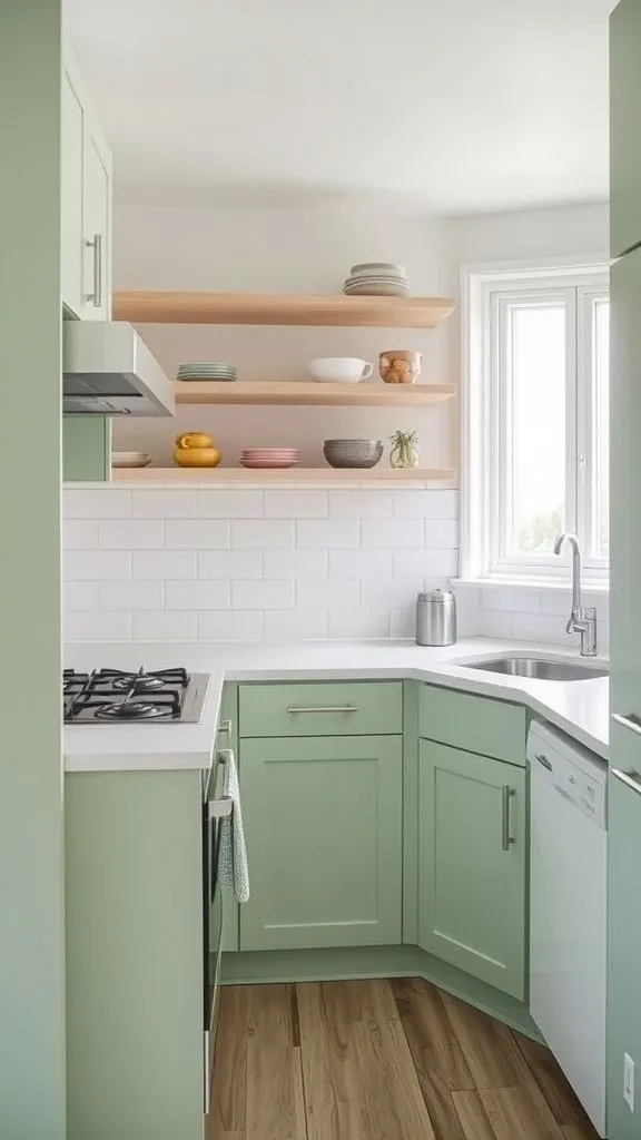 Soft Pastel Green In Compact Apartment Kitchen
