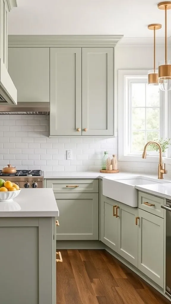 Soft Sage Shaker Cabinets Paired With Gold Hardware
