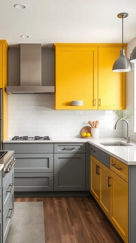 Sophisticated Two-Tone Kitchen Pairing Yellow With Cool Grey
