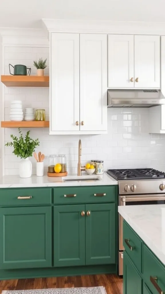 Split Design With Green Lower Cabinets And White Uppers
