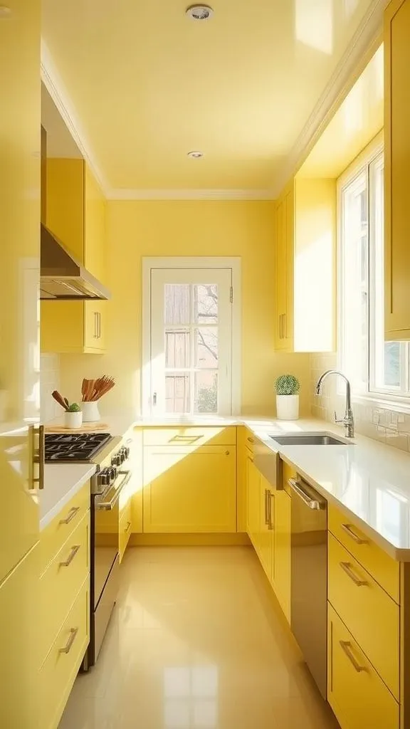 Streamlined Yellow Galley Kitchen Bathed In Abundant Natural Light