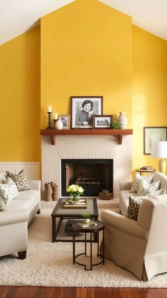 Sunshine Warmth Centered Around a Yellow Fireplace Wall
