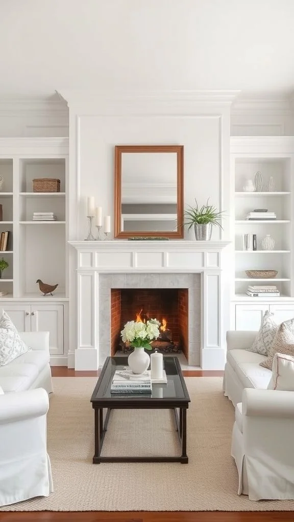 Timeless Fireplace-Centered White Living Room

