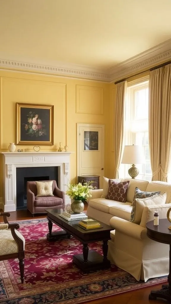Traditional Living Room With Soft Yellow Walls
