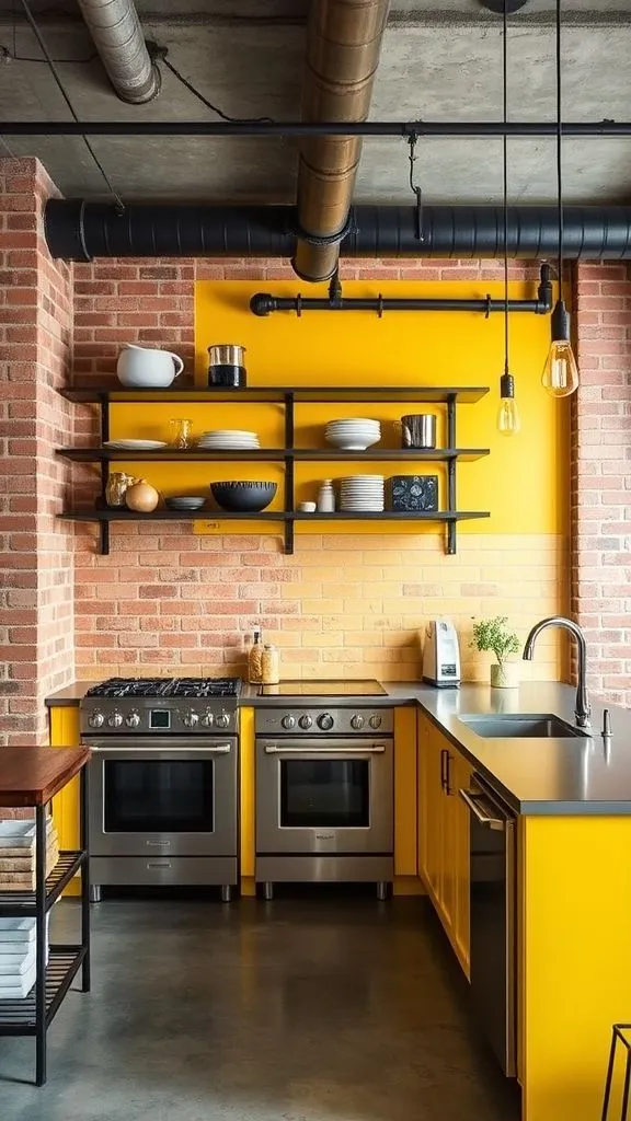 Urban Industrial Kitchen Showcasing Yellow Wall With Metal Elements
