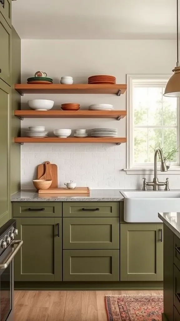 Warm Olive Cabinets With Simple Floating Shelves

