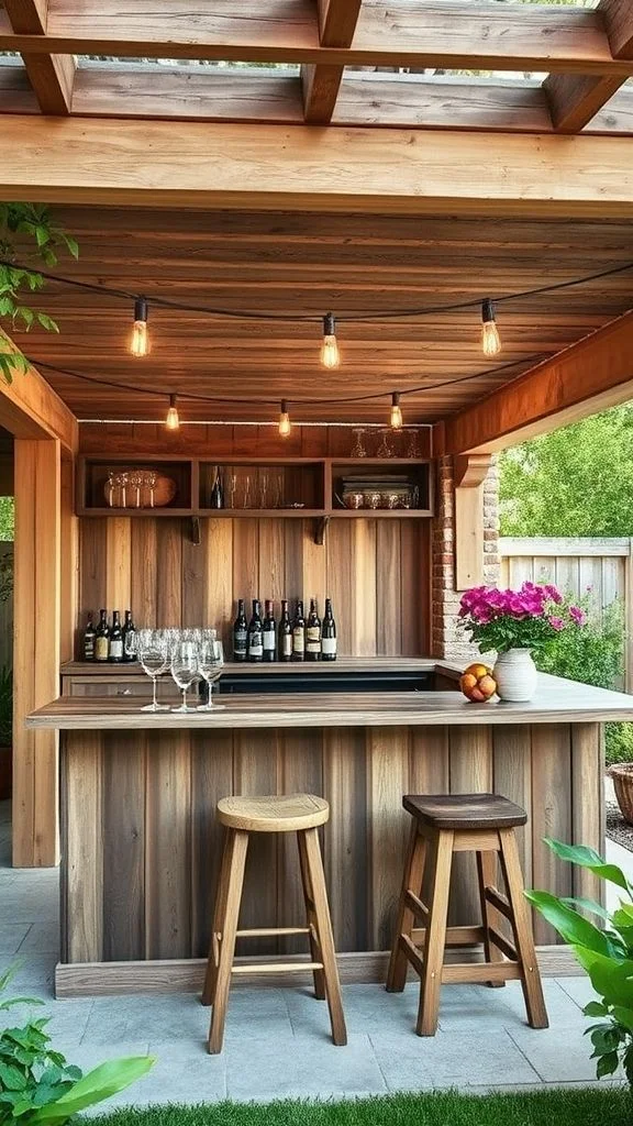 Weathered-Wood Bar Beneath A Timber Pergola
