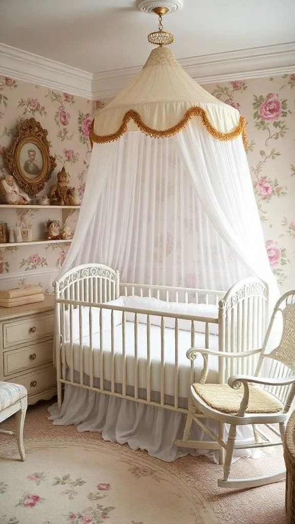Antique-Inspired Rose Nursery Featuring Canopy Crib
