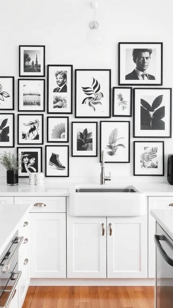 Artistic Monochrome Kitchen with Gallery Wall
