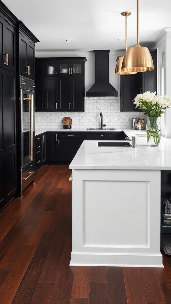 Bold High-Contrast Kitchen with Rich Floors

