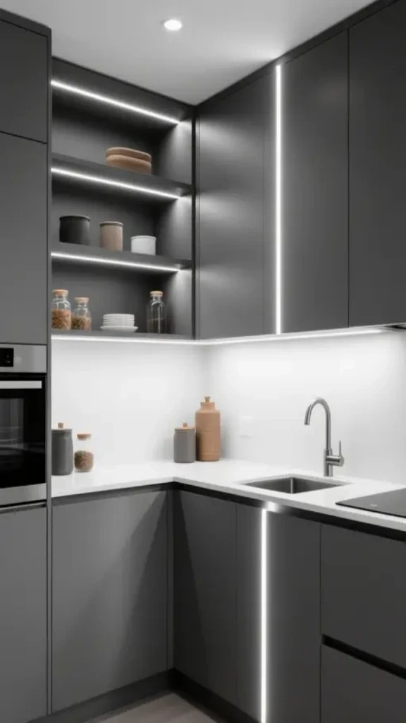 Charcoal-Toned Space With LED Strips