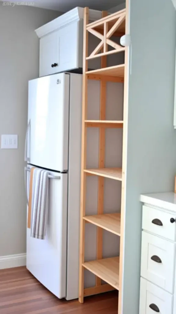 Handmade Exposed Shelving Next To Refrigerator