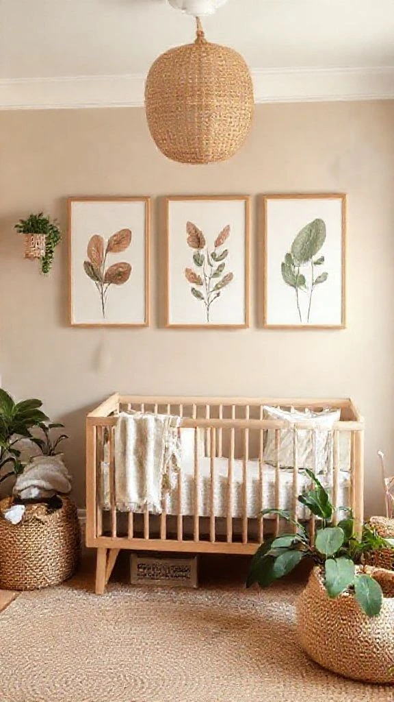 Natural Earth Tone Nursery With Botanical Artwork
