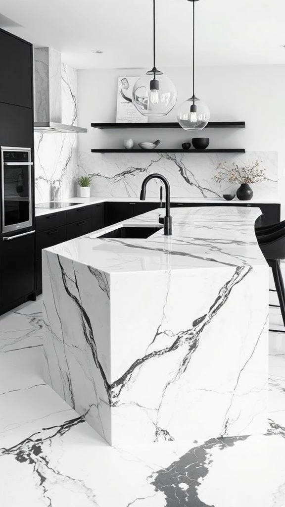 Sleek Waterfall Island Design in Monochrome
