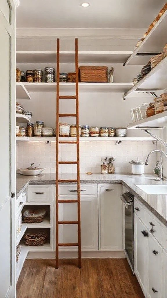 Tall Pantry Shelves With Movable Sliding Ladder
