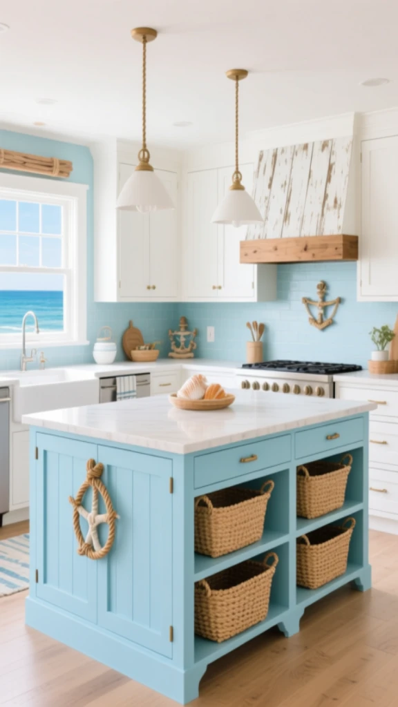 Beach-Inspired Kitchen With Powder Blue Island