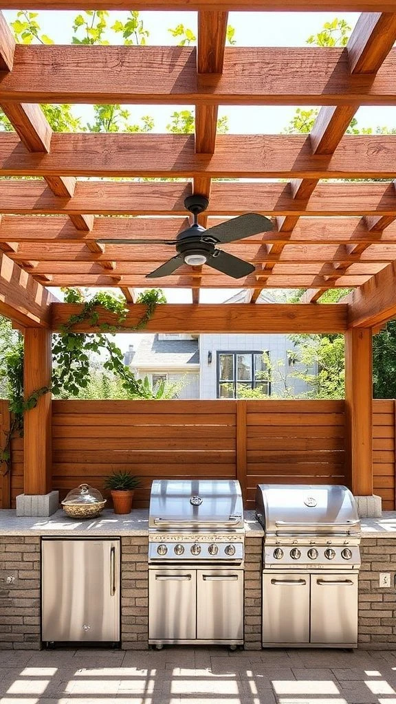 Contemporary Outdoor Cooking Space With Overhead Shade Structure
