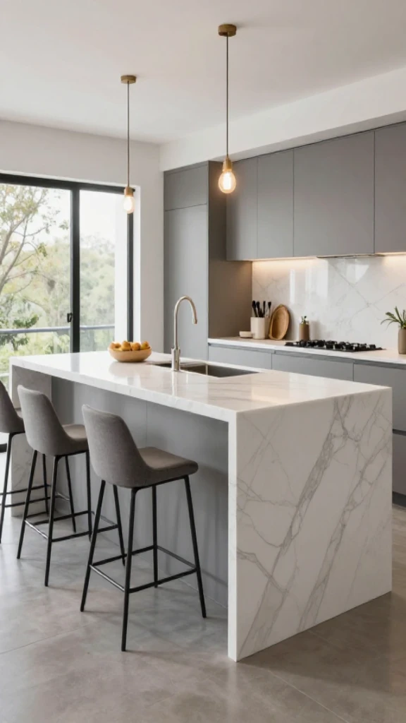 Contemporary Pearl Kitchen Featuring Cascading Edge Island