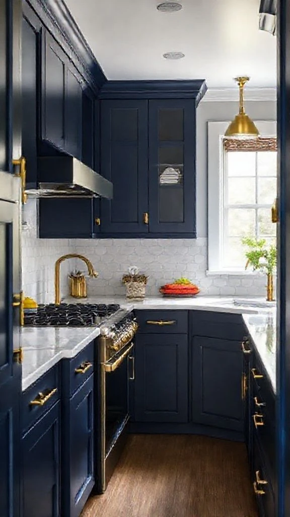 Deep Blue Cabinets with Warm Metallic Touches