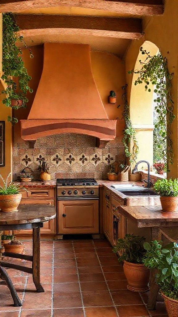 Southern European Style Kitchen With Clay Tile Flooring
